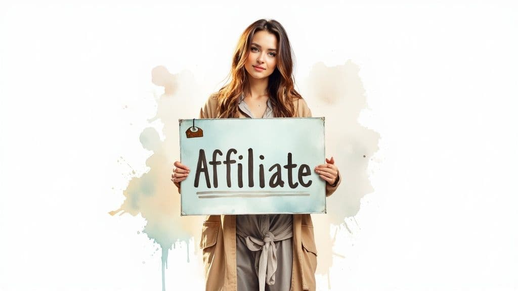 Young woman holding sign with word Affiliate promoting affiliate marketing business opportunity