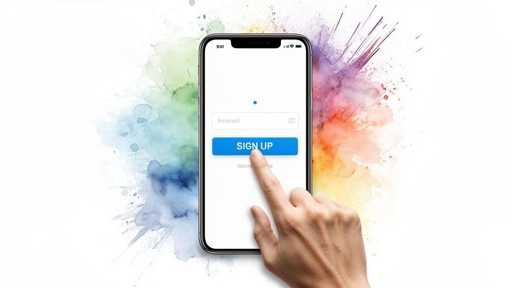 A hand taps a âSIGN UPâ button on a smartphone with a colorful watercolor background.
