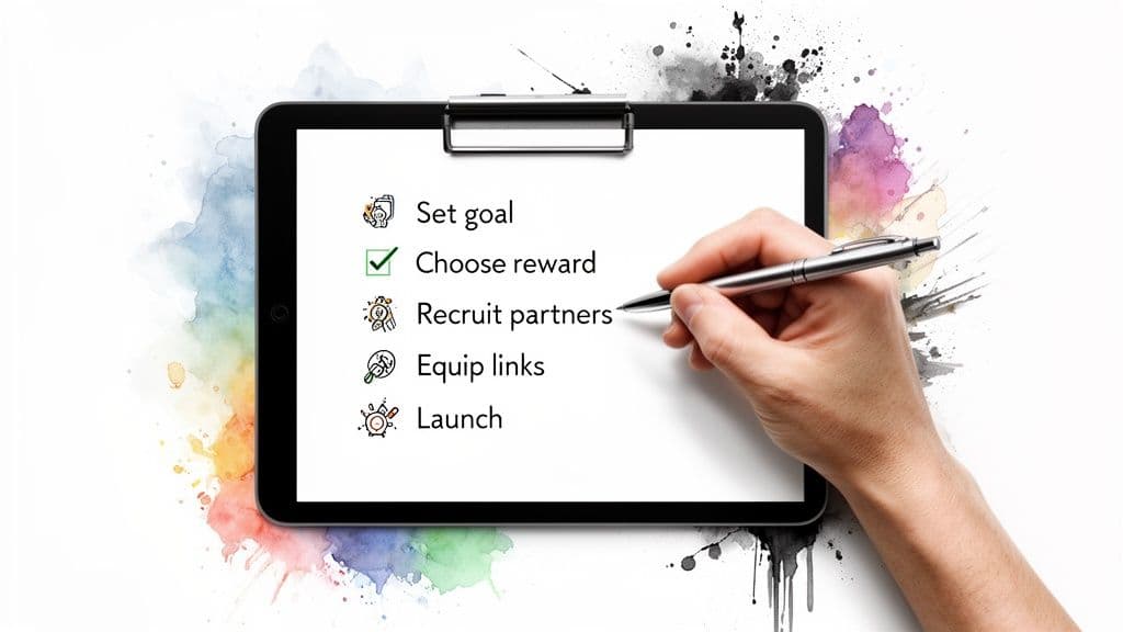 A hand checking off 'Choose reward' on a digital checklist for a marketing campaign strategy.