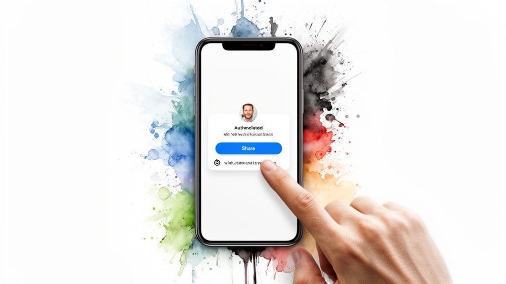 Human hand tapping a smartphone screen showing an âAuthenticatedâ share dialog with a vibrant watercolor splash background.