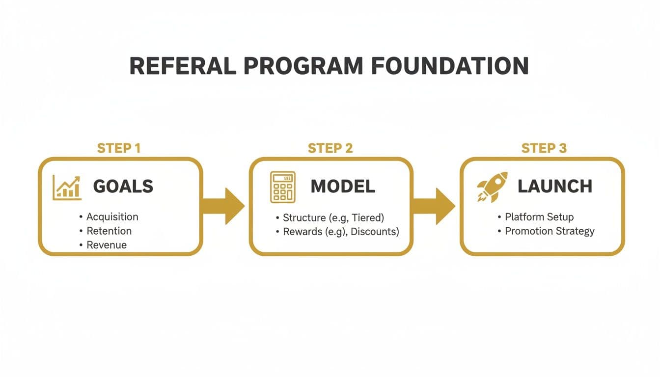 Flowchart outlining the three essential steps for building a successful referral program foundation.