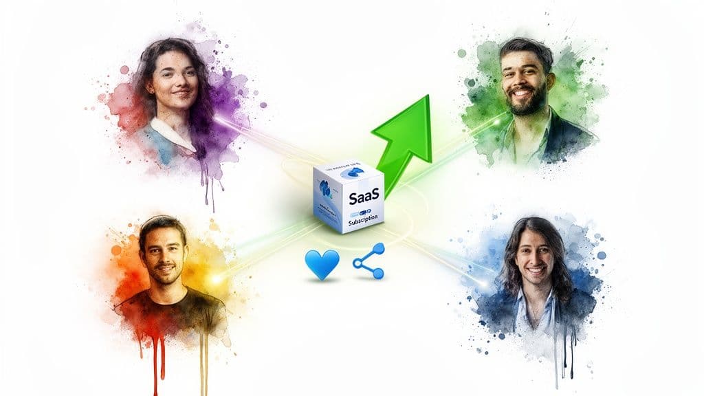 Four diverse people interact with a SaaS subscription box, with a growth arrow, heart, and share icons.
