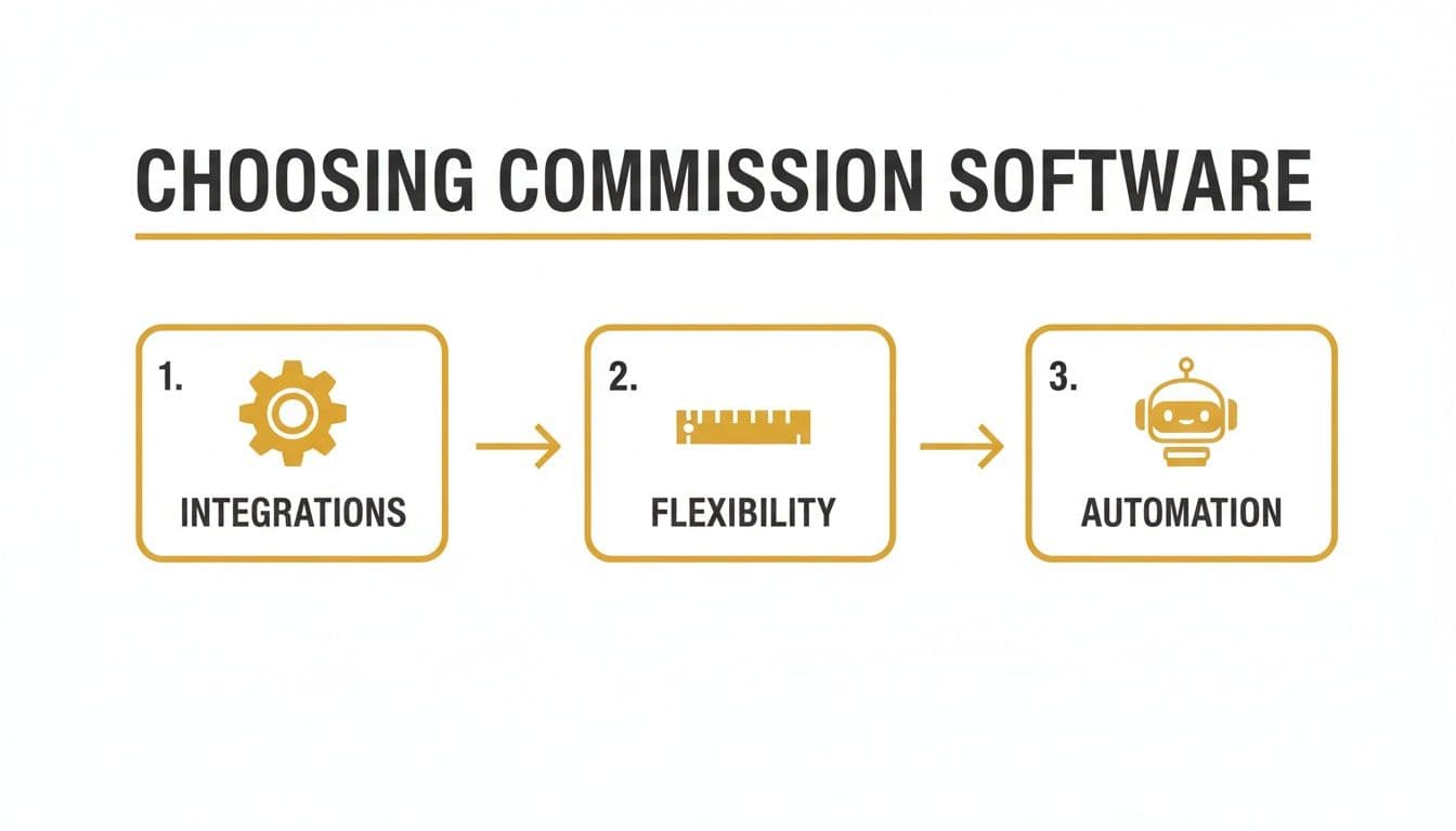 Flowchart illustrating three crucial steps for choosing commission software: Integrations, Flexibility, and Automation.