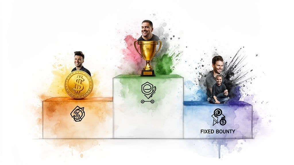 Three men on a tiered podium, symbolizing referral marketing rewards: trophy, dollar coin, and fixed bounty.