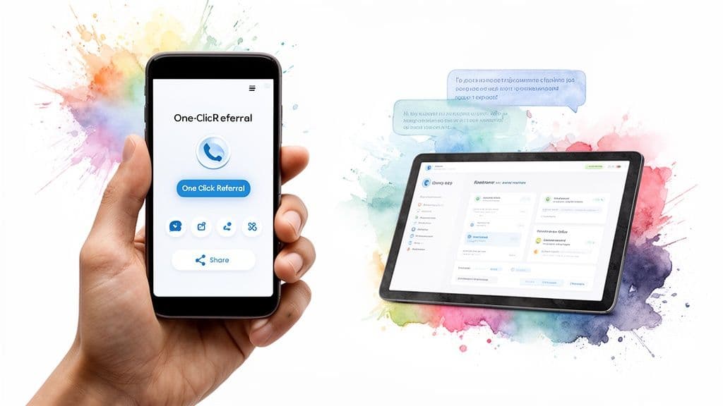 Hand holding a smartphone with a 'One Click Referral' app, beside a tablet showing a referral program dashboard.