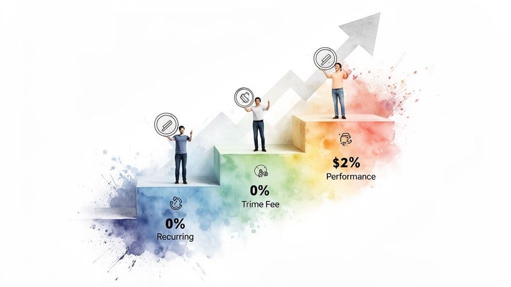 Three men on ascending steps illustrating a fee structure