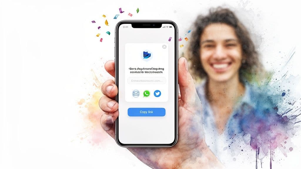 Hand holding smartphone with share menu, social media icons, and copy link option, with confetti.