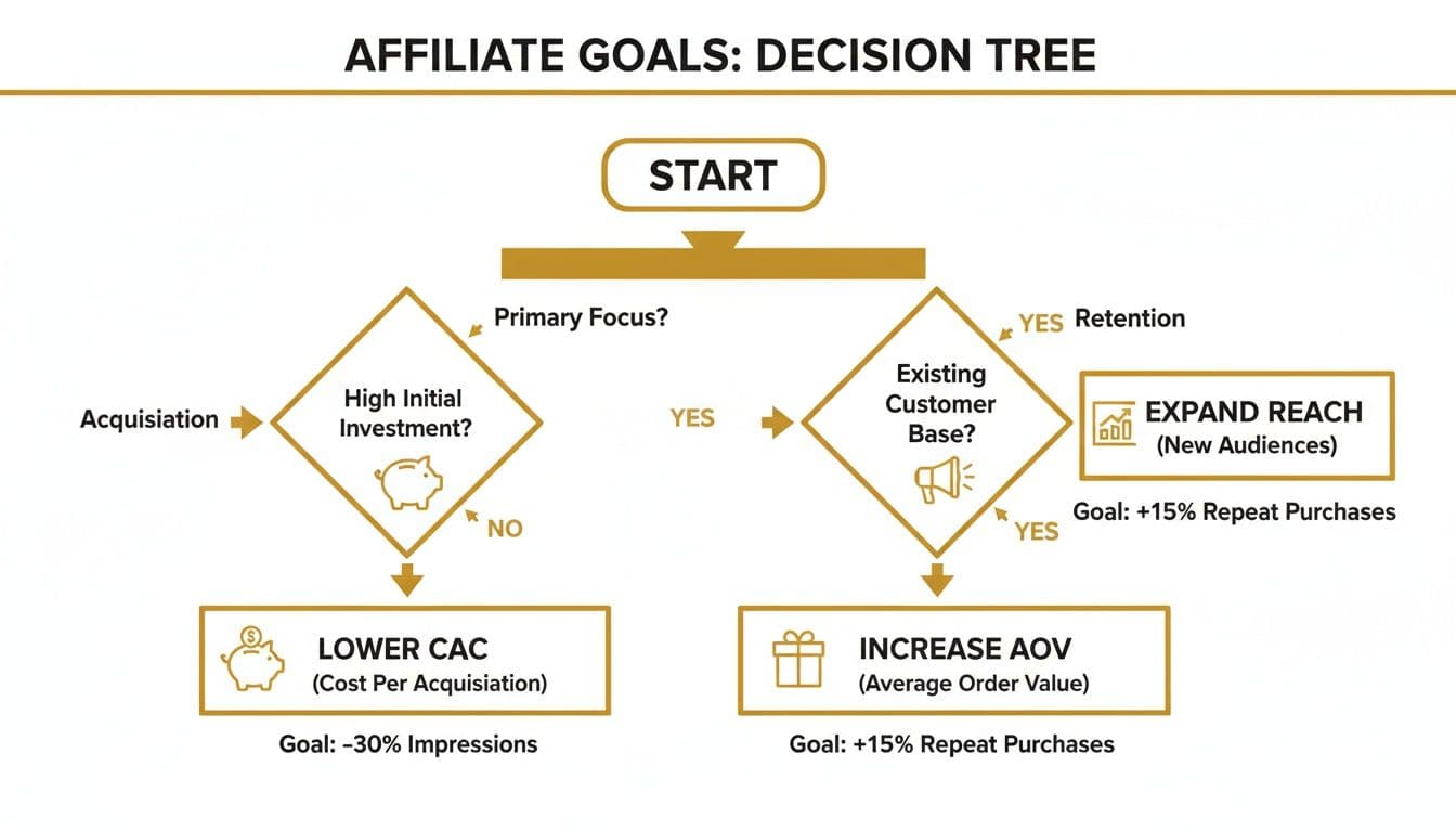 Decision tree flowchart illustrating affiliate goals, covering acquisition and retention strategies like lowering CAC, increasing AOV, and expanding reach.