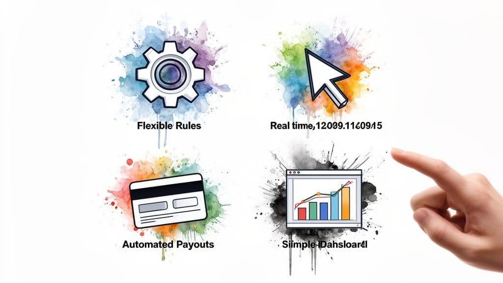 Icons representing flexible rules, real-time data, automated payouts, and a simple dashboard for payment software.