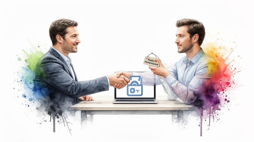 Two men shake hands over a laptop, one holding a 'Paido Performance' sign, symbolizing a business agreement.