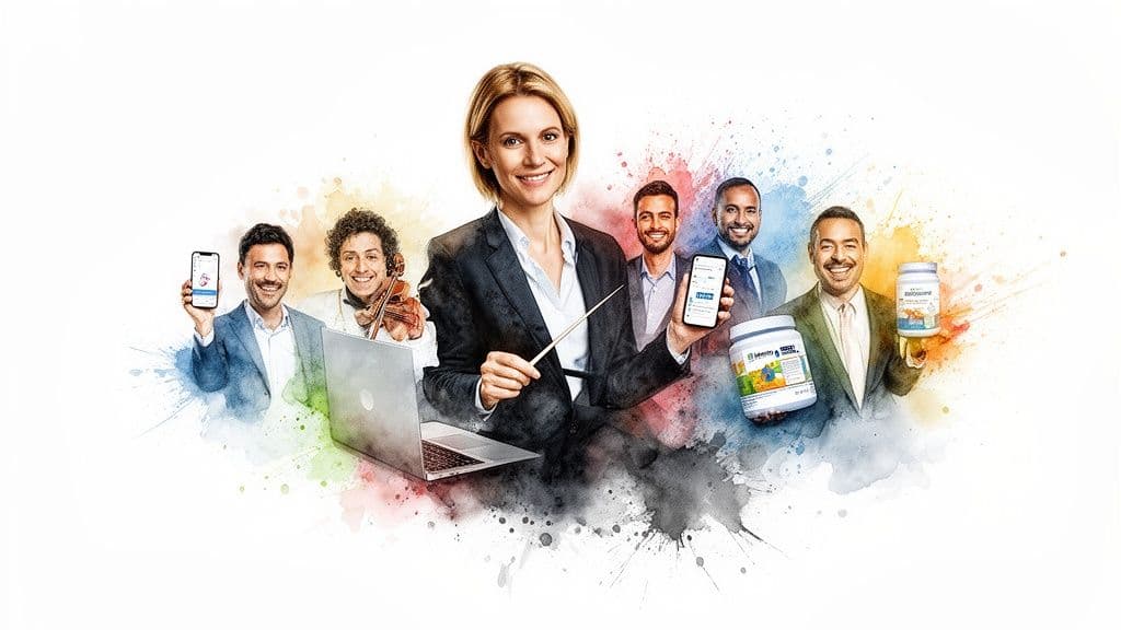 A diverse group of smiling professionals, led by a woman, showcasing digital tools and products against a vibrant watercolor background.