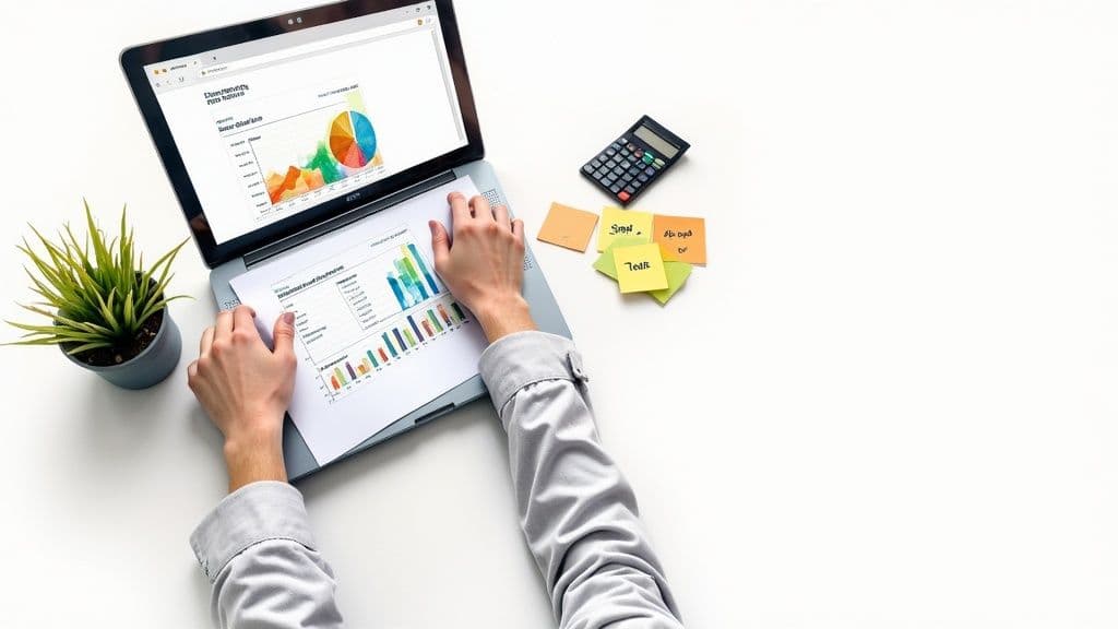 Overhead shot of a person analyzing financial reports and graphs on a laptop and paper.