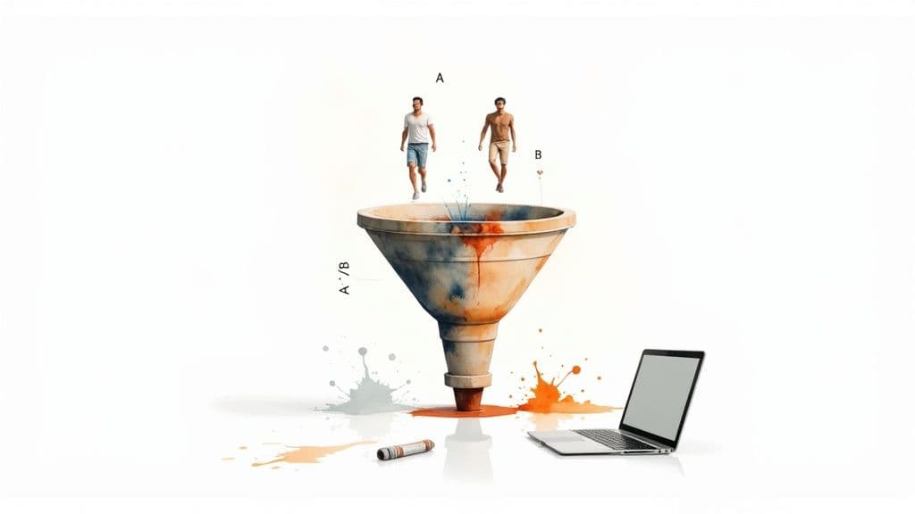A/B testing illustration with two men, a marketing funnel, and varying results represented by color splashes and a laptop.
