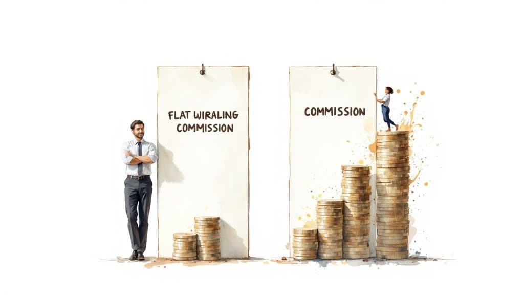 Illustration comparing flat vs growing commission. A man with fixed coins, a woman on rising coin stacks.