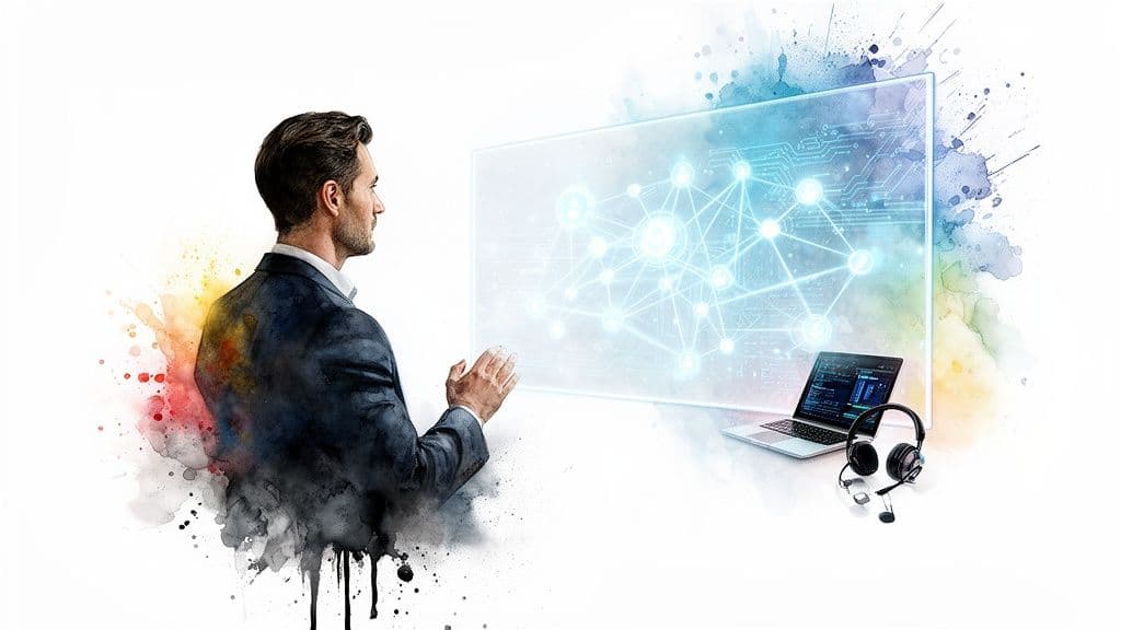 A man interacts with a glowing digital network screen, next to a laptop and headset, featuring watercolor art.