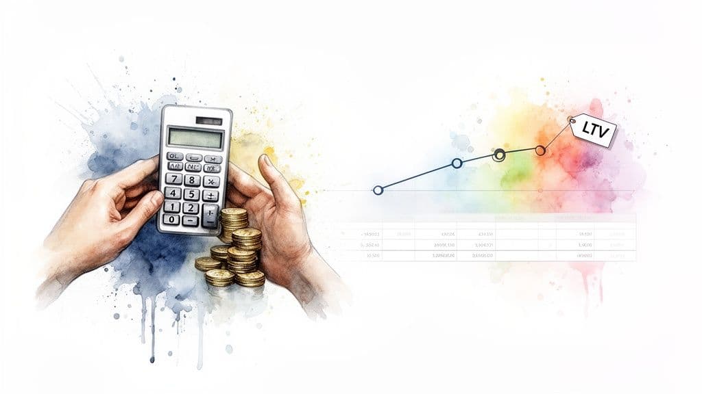 Hands with calculator and coins, measuring financial growth and LTV on a colorful graph.