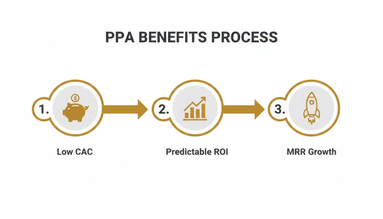 A three-step process diagram illustrating PPA benefits: Low CAC, Predictable ROI, and MRR Growth.