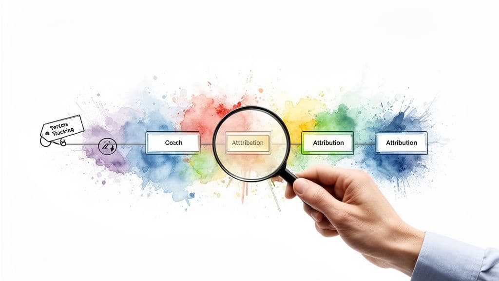 Diagram showing a marketing process with tracking, coach, and attribution steps, magnified for detail.