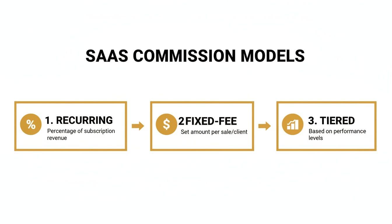 Infographic showing three SaaS commission models: Recurring, Fixed-Fee, and Tiered, with brief explanations.