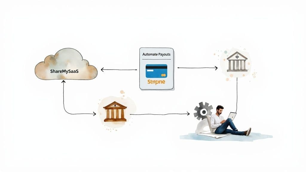 Diagram showing ShareMySaaS cloud, Stripne automated payouts, banks, and a user managing the financial flow.