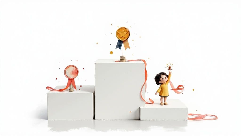 A little girl on a podium reaches for a glowing star, symbolizing achievement and success.