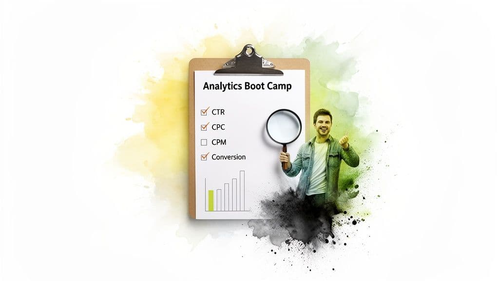 Smiling man with magnifying glass reviews "Analytics Boot Camp" checklist covering ad performance metrics like CTR, CPC, Conversion.