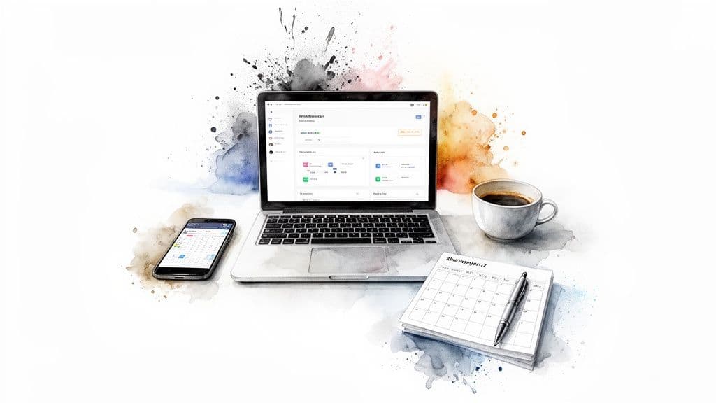 An artistic watercolor-style image of a modern workspace with a laptop, smartphone, coffee, and calendar, depicting productivity.