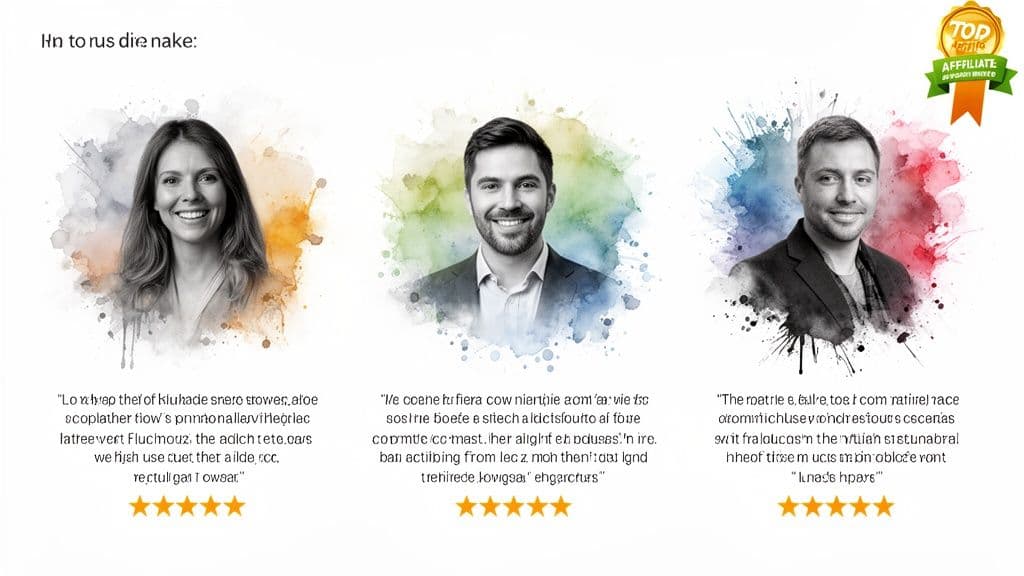 Three smiling individuals with watercolor backgrounds and star ratings, representing customer testimonials.